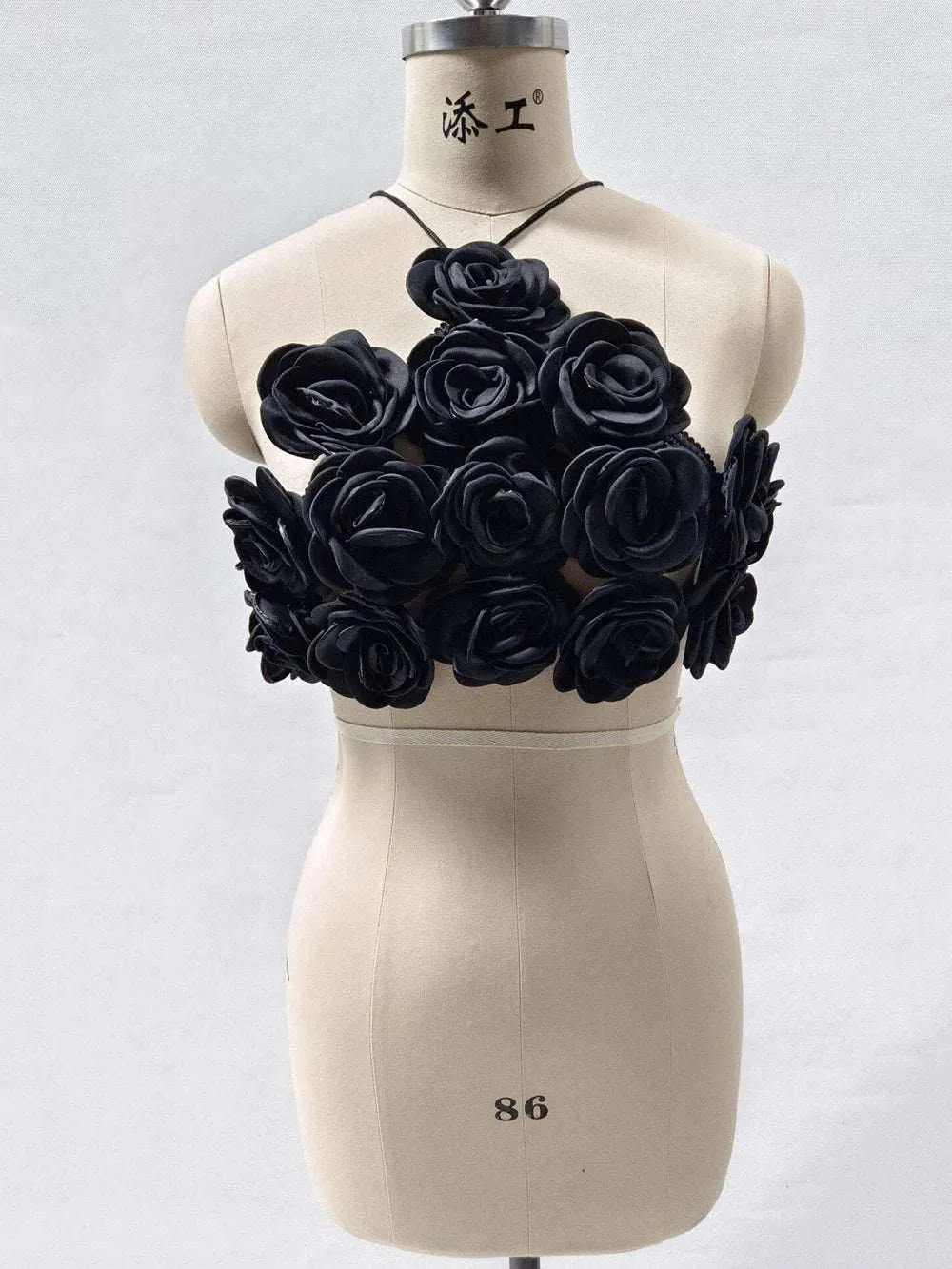 3D Flower Splicing Lace-Up Design Black Crop Top
