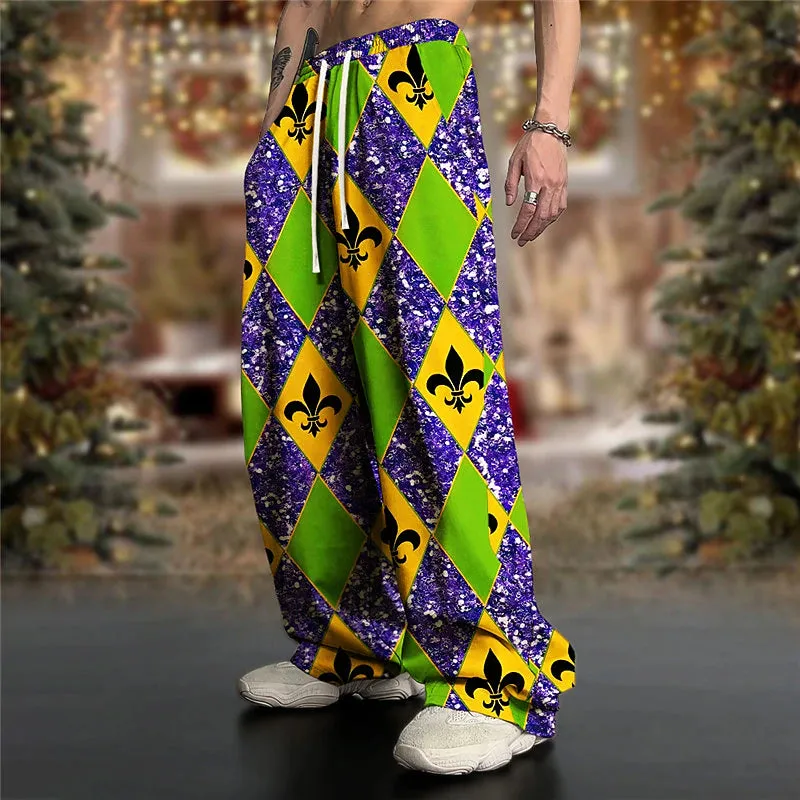 3D Print Argyle Men's Festival Pants - Red Blue Purple Gradient Elastic Waist Trousers