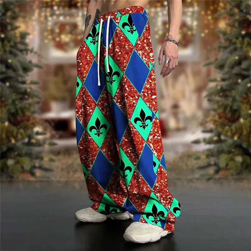 3D Print Argyle Men's Festival Pants - Red Blue Purple Gradient Elastic Waist Trousers