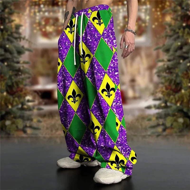 3D Print Argyle Men's Festival Pants - Red Blue Purple Gradient Elastic Waist Trousers