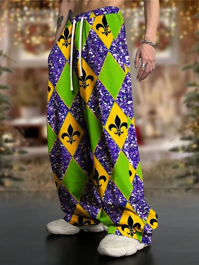 3D Print Argyle Men's Festival Pants - Red Blue Purple Gradient Elastic Waist Trousers