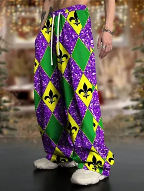 3D Print Argyle Men's Festival Pants - Red Blue Purple Gradient Elastic Waist Trousers