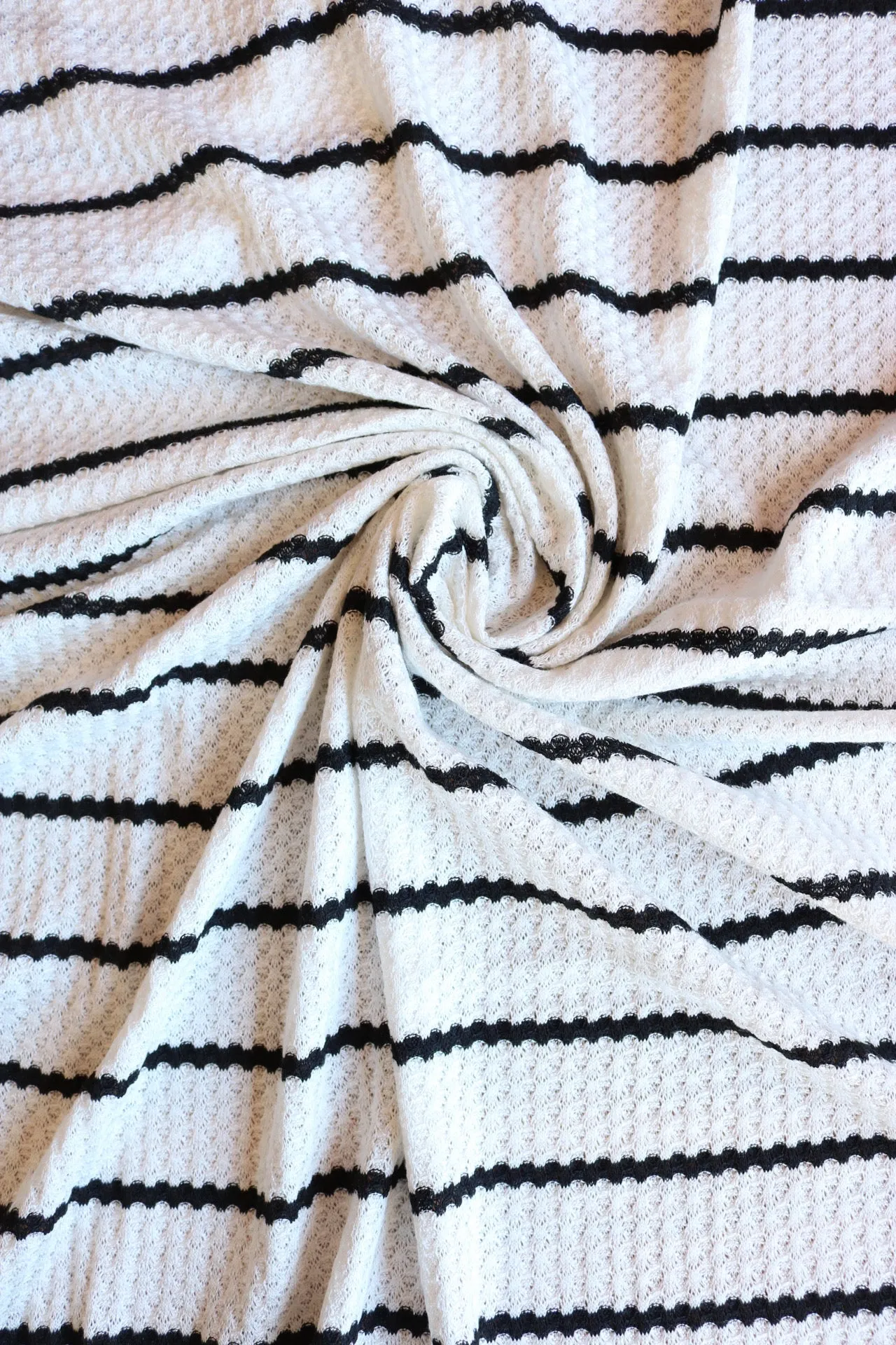 4YD 20IN REMNANT; 1.5" Ivory & .5" Black Stripe Waffle Sweater Knit