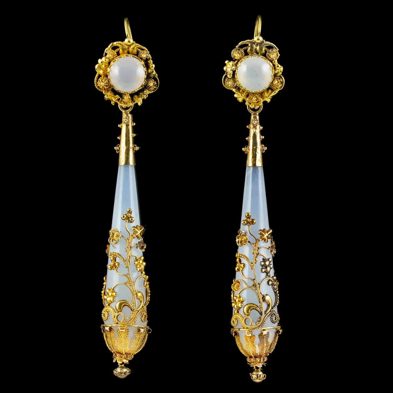 ANTIQUE GEORGIAN DAY AND NIGHT CHALCEDONY DROP EARRINGS 18CT GOLD CIRCA 1800