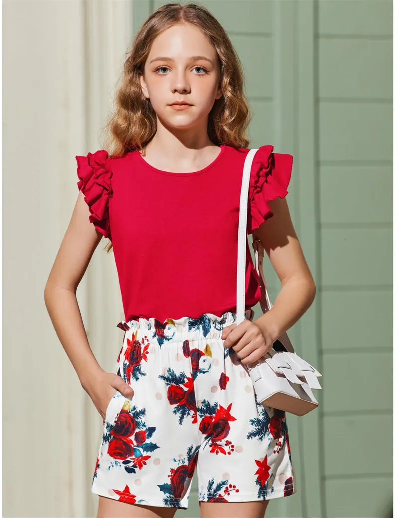 Arshiner Girls 2 Piece Outfits Summer Ruffle Short Sleeve Shirts Sets