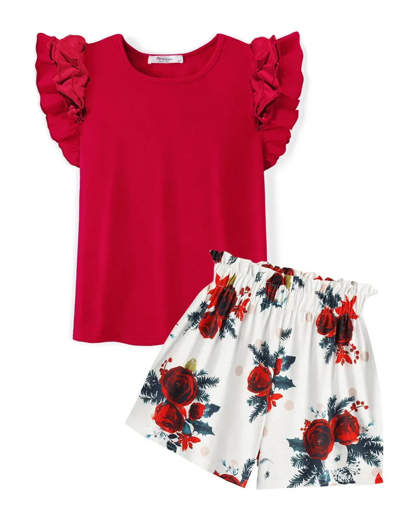 Arshiner Girls 2 Piece Outfits Summer Ruffle Short Sleeve Shirts Sets