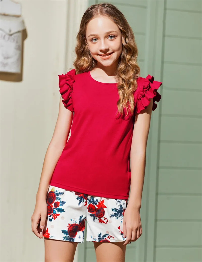 Arshiner Girls 2 Piece Outfits Summer Ruffle Short Sleeve Shirts Sets