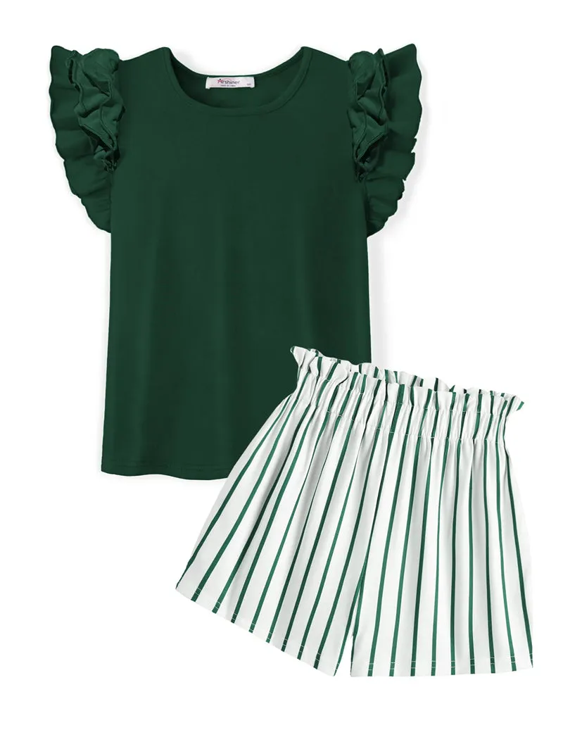 Arshiner Girls 2 Piece Outfits Summer Ruffle Short Sleeve Shirts Sets