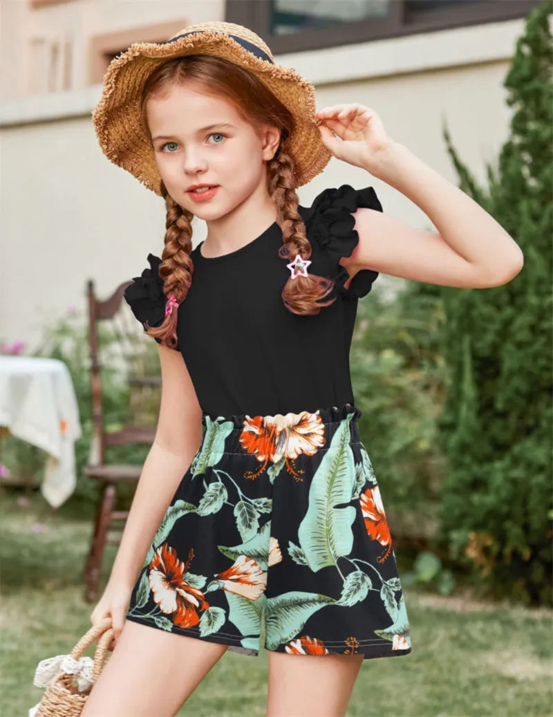 Arshiner Girls 2 Piece Outfits Summer Ruffle Short Sleeve Shirts Sets