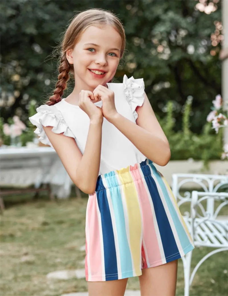 Arshiner Girls 2 Piece Outfits Summer Ruffle Short Sleeve Shirts Sets