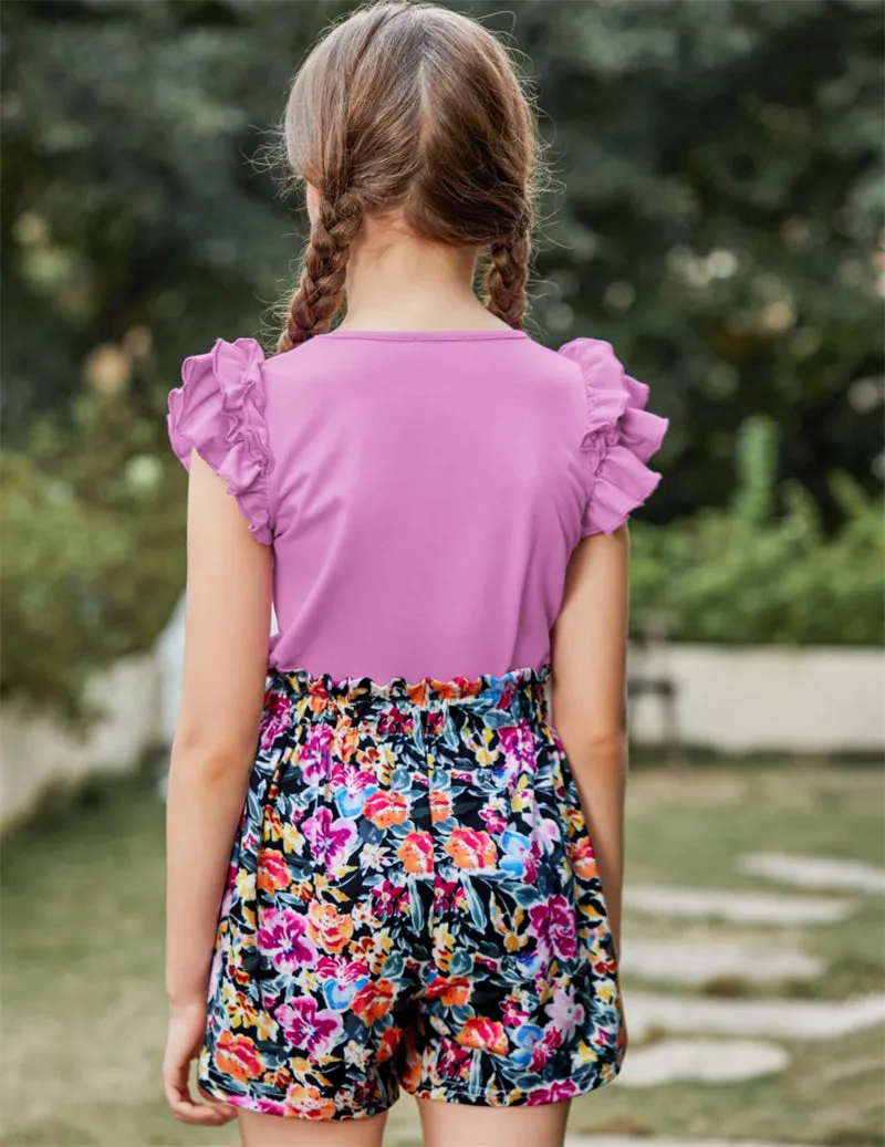 Arshiner Girls 2 Piece Outfits Summer Ruffle Short Sleeve Shirts Sets