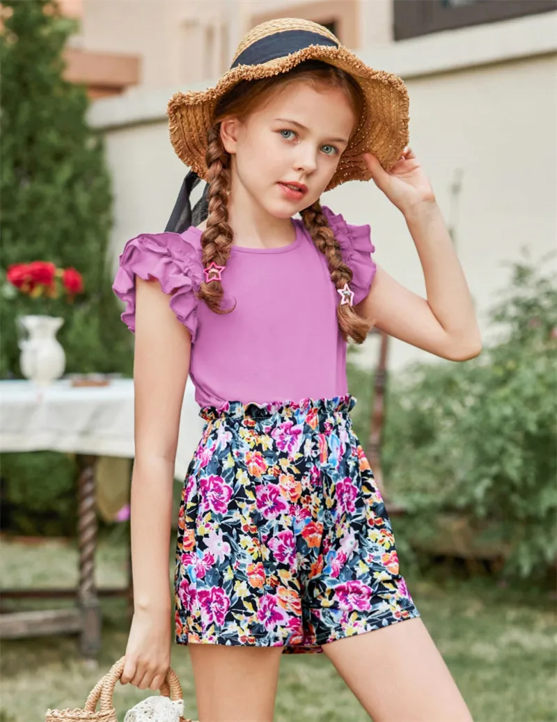 Arshiner Girls 2 Piece Outfits Summer Ruffle Short Sleeve Shirts Sets