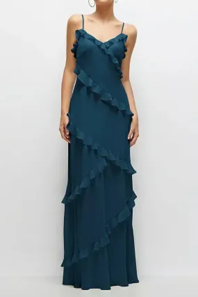 Asymmetrical Ruffle Chiffon Bias Slip Maxi Dress in Atlantic Blue