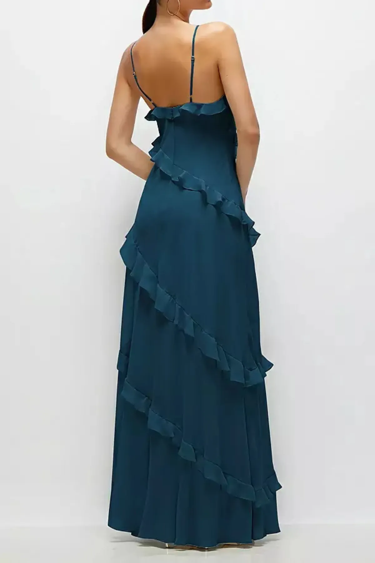 Asymmetrical Ruffle Chiffon Bias Slip Maxi Dress in Atlantic Blue