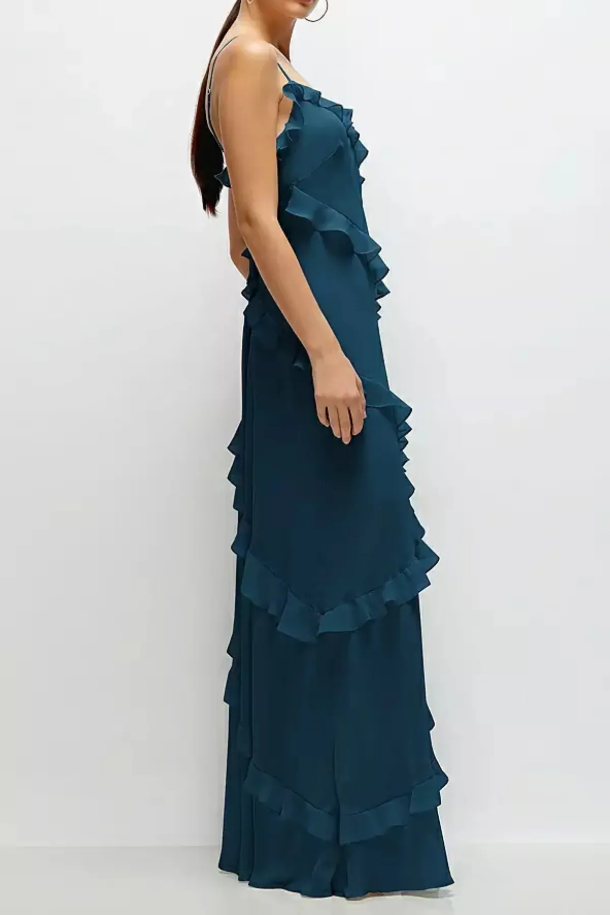 Asymmetrical Ruffle Chiffon Bias Slip Maxi Dress in Atlantic Blue