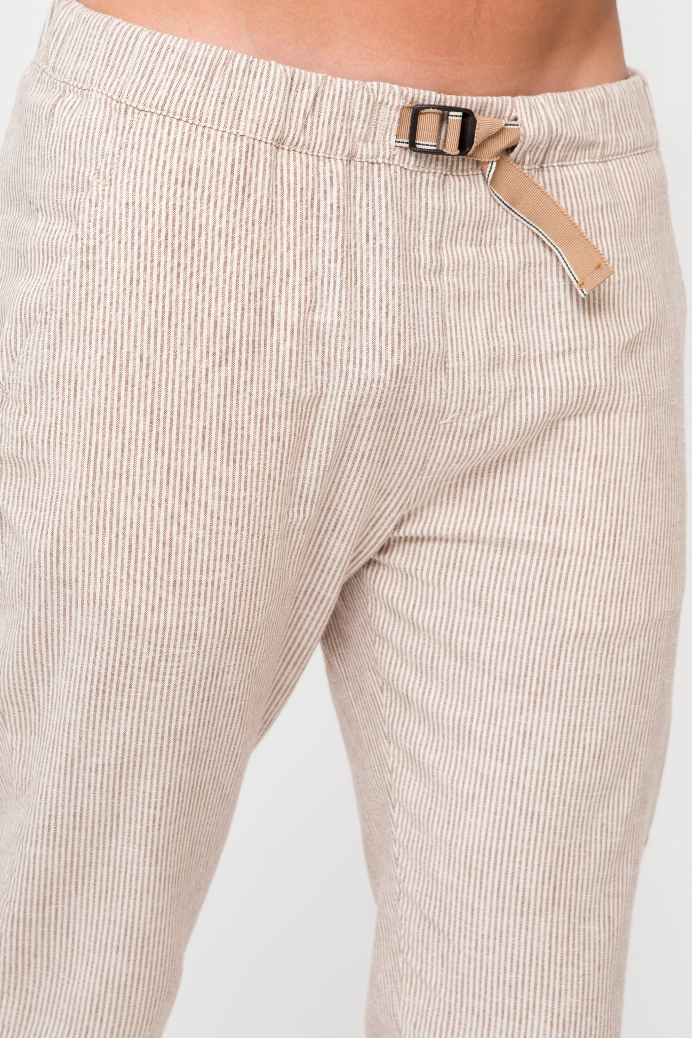 Beige Brown Tapered Striped Mens Linen Trousers Pants Relaxed Fit Seersucker