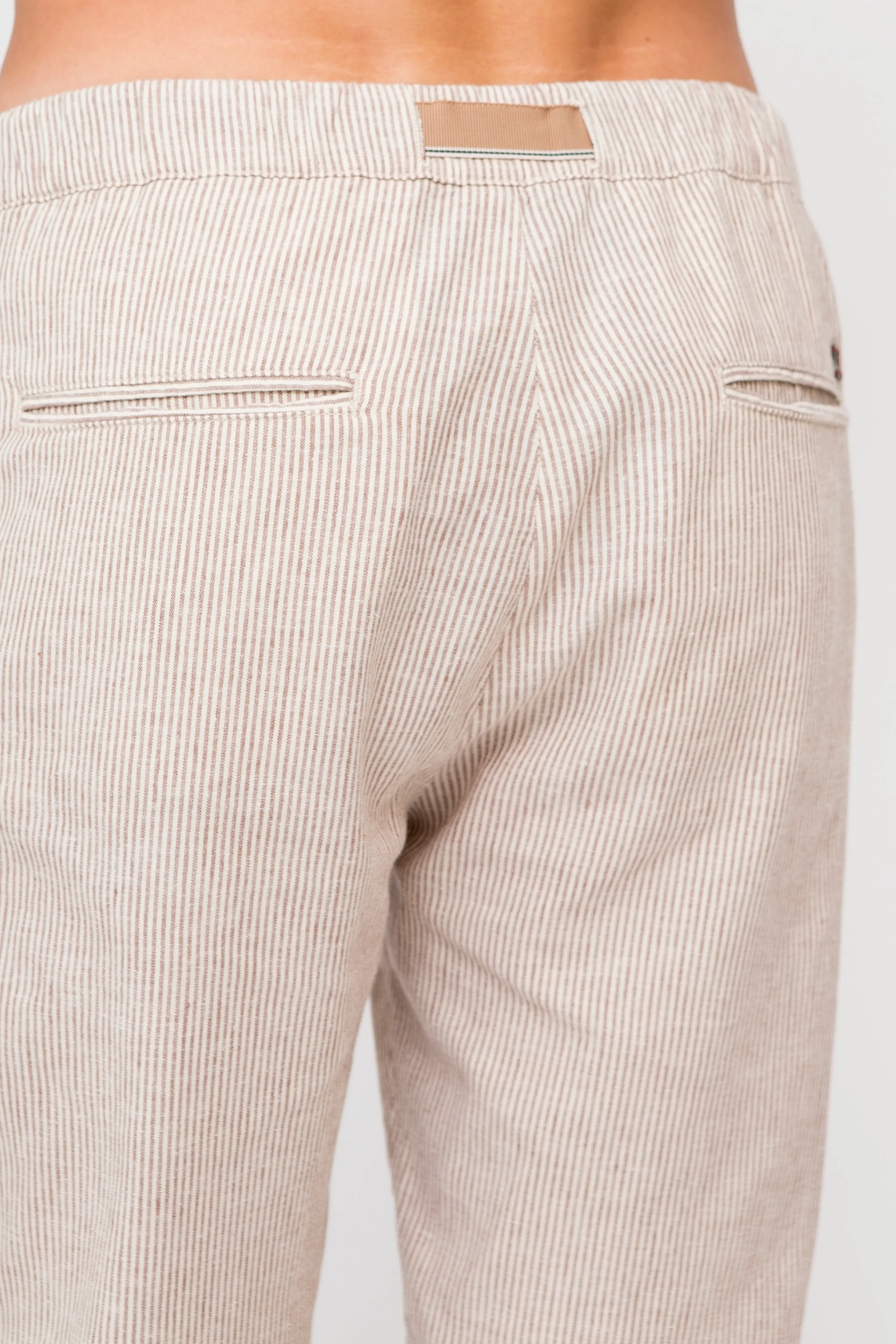 Beige Brown Tapered Striped Mens Linen Trousers Pants Relaxed Fit Seersucker