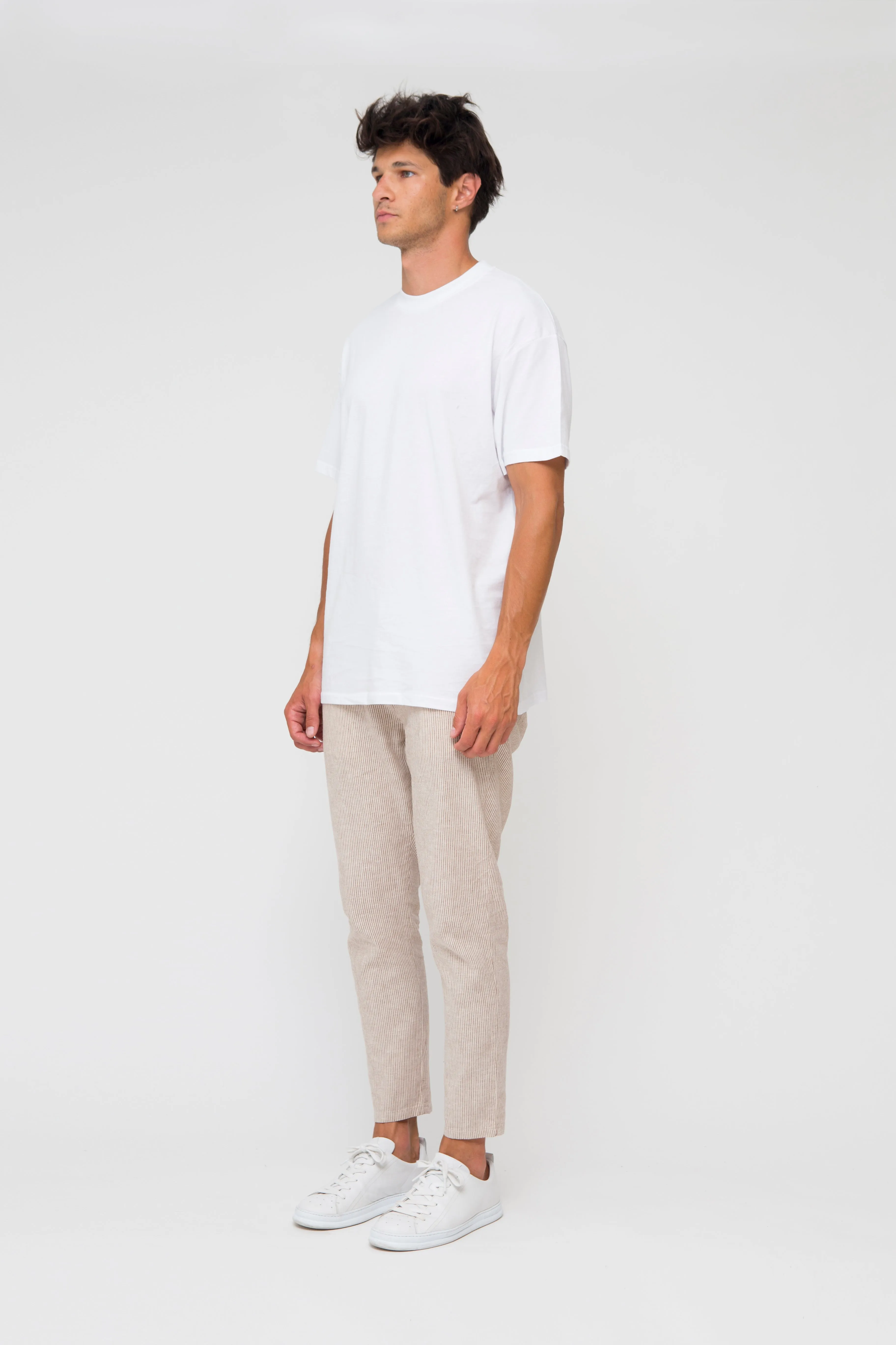 Beige Brown Tapered Striped Mens Linen Trousers Pants Relaxed Fit Seersucker