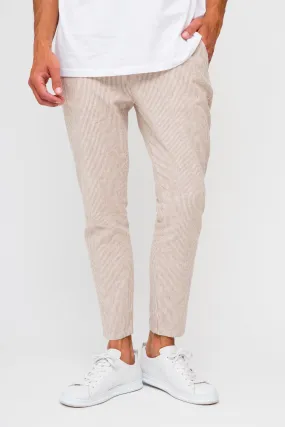 Beige Brown Tapered Striped Mens Linen Trousers Pants Relaxed Fit Seersucker