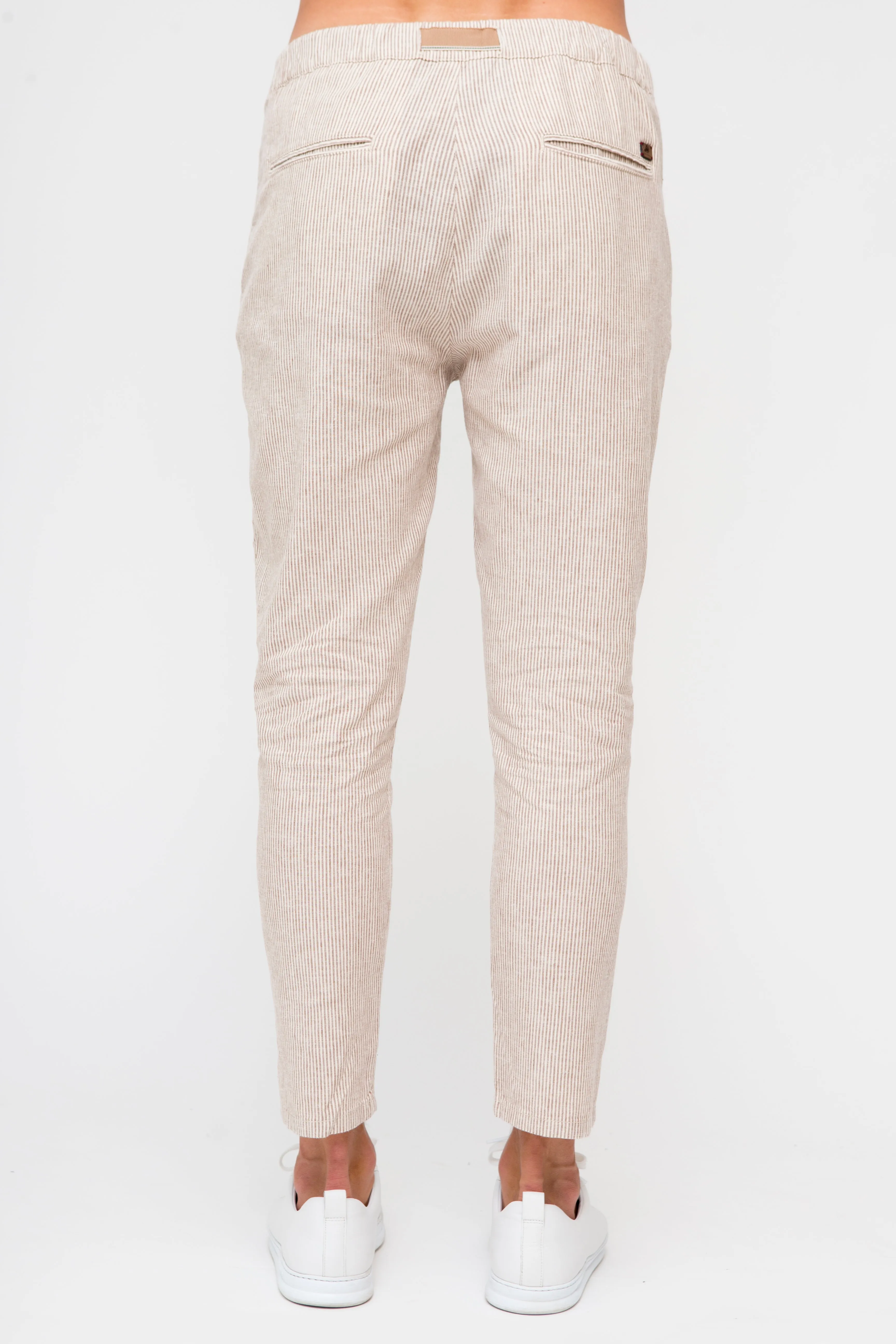 Beige Brown Tapered Striped Mens Linen Trousers Pants Relaxed Fit Seersucker