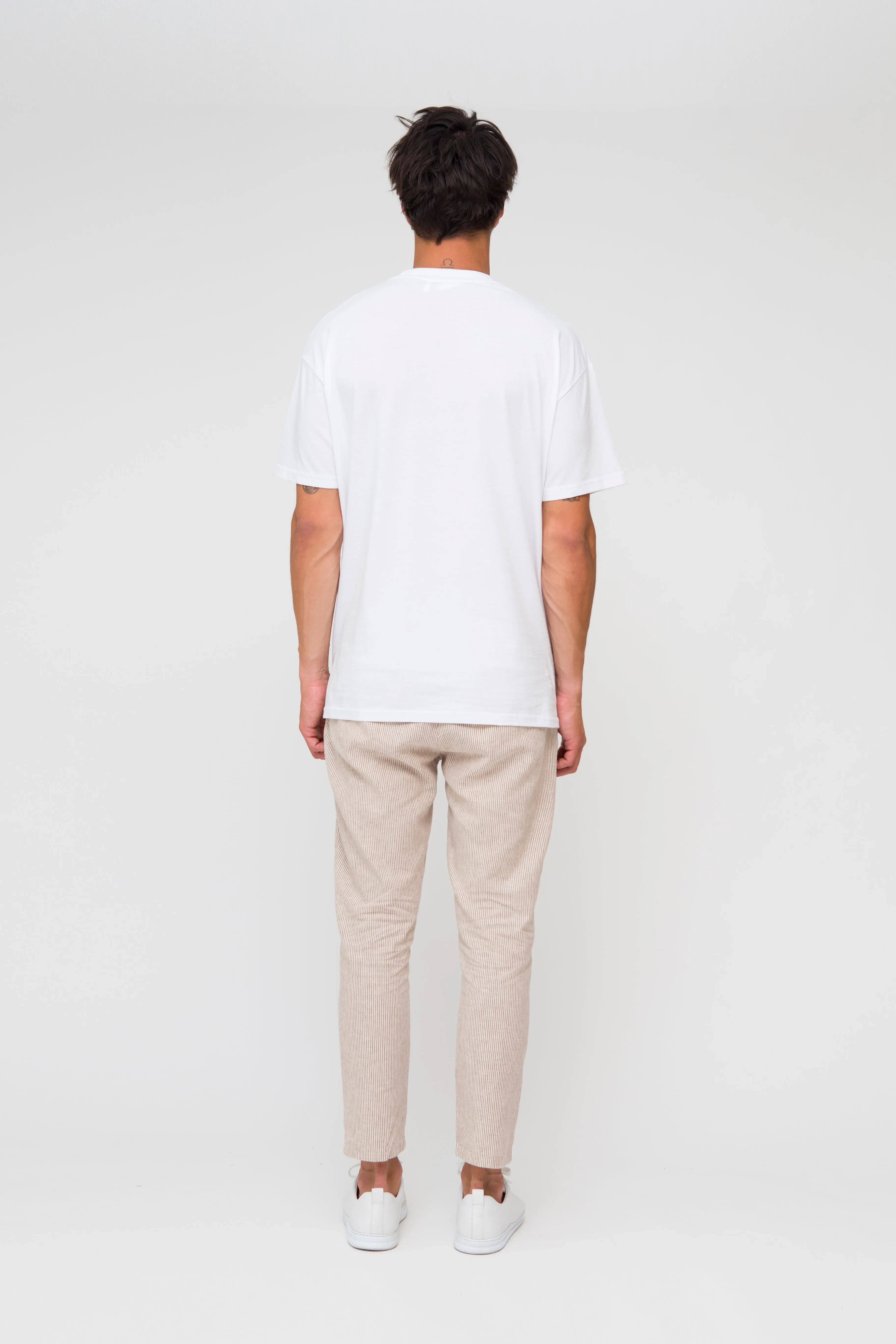 Beige Brown Tapered Striped Mens Linen Trousers Pants Relaxed Fit Seersucker