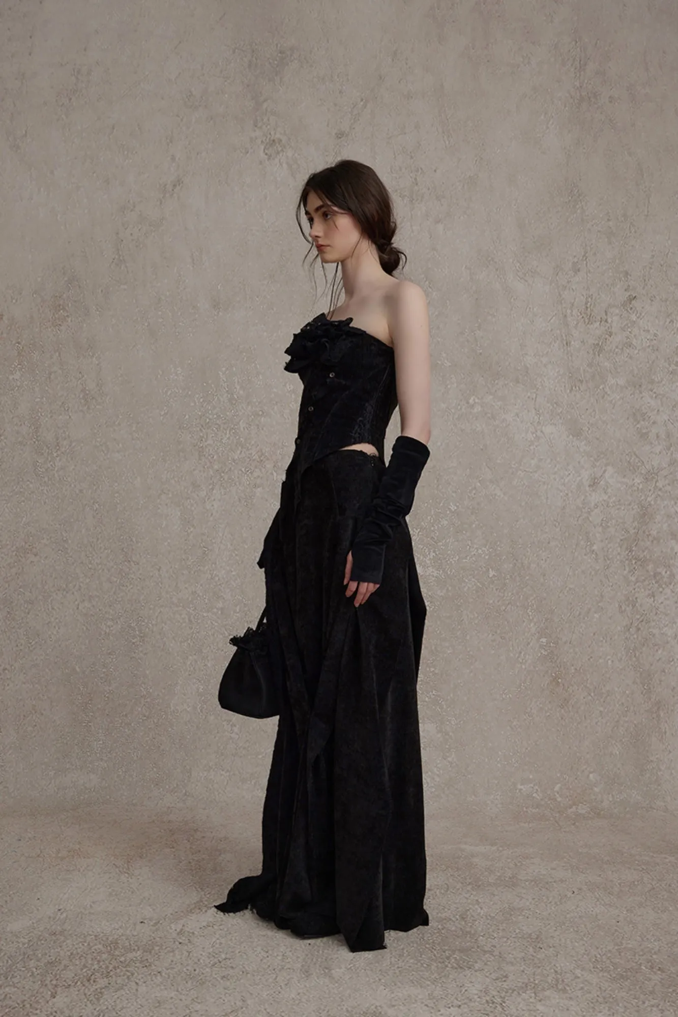 Black Flower Button Lace Tube Top