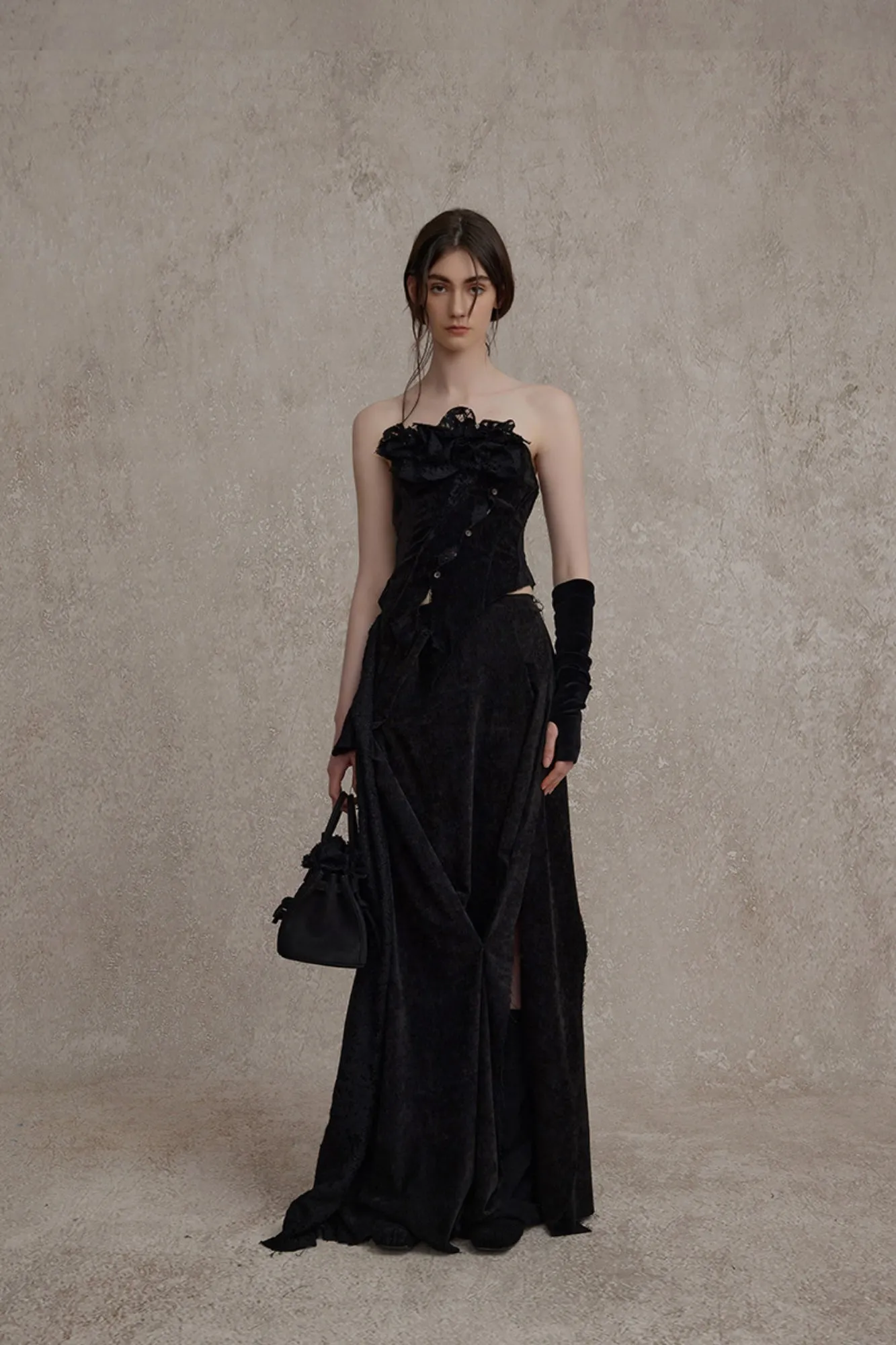 Black Flower Button Lace Tube Top