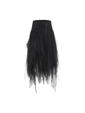 Black Lace Asymmetric Mesh Mid-Length Skirt