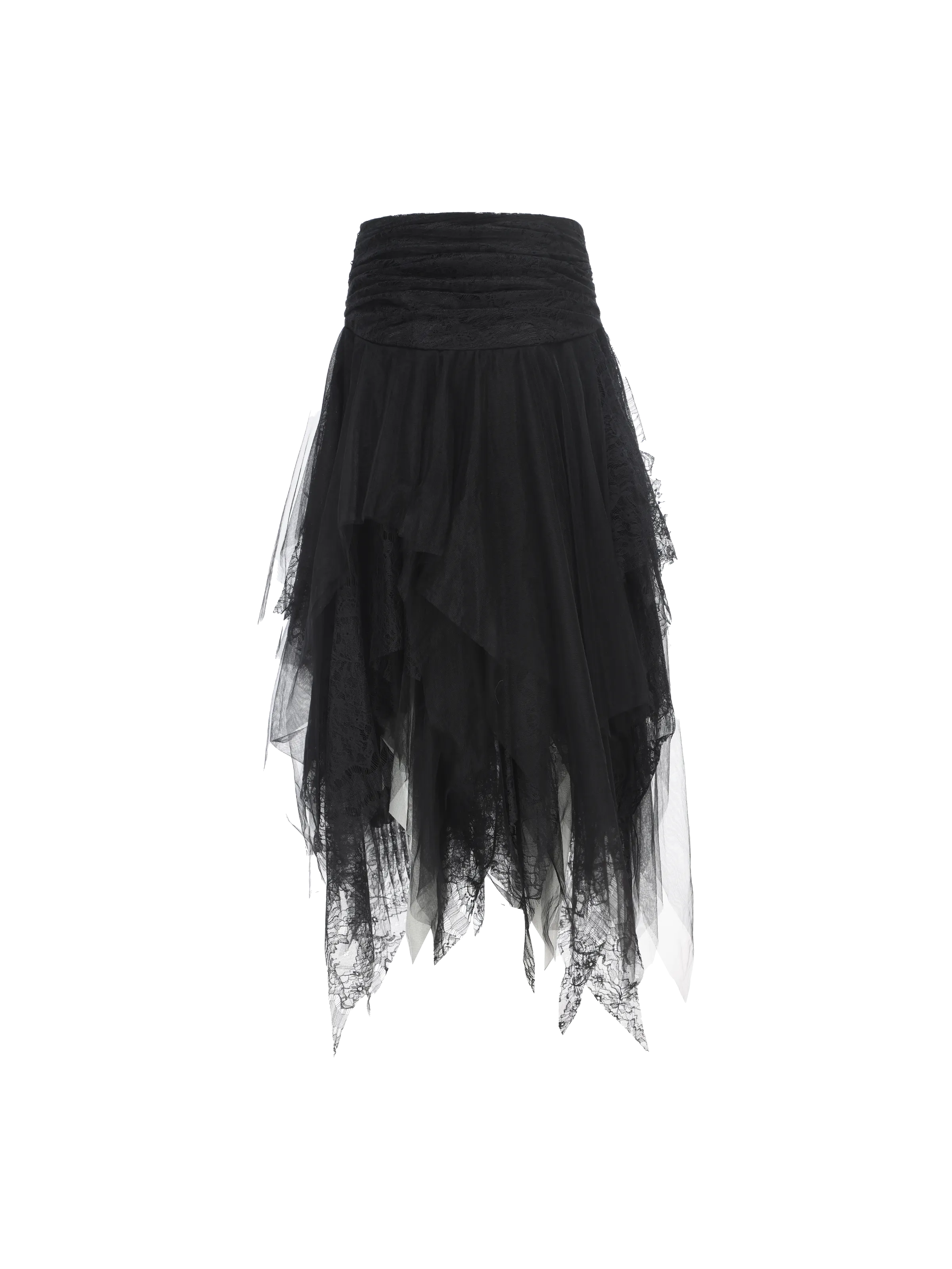 Black Lace Asymmetric Mesh Mid-Length Skirt