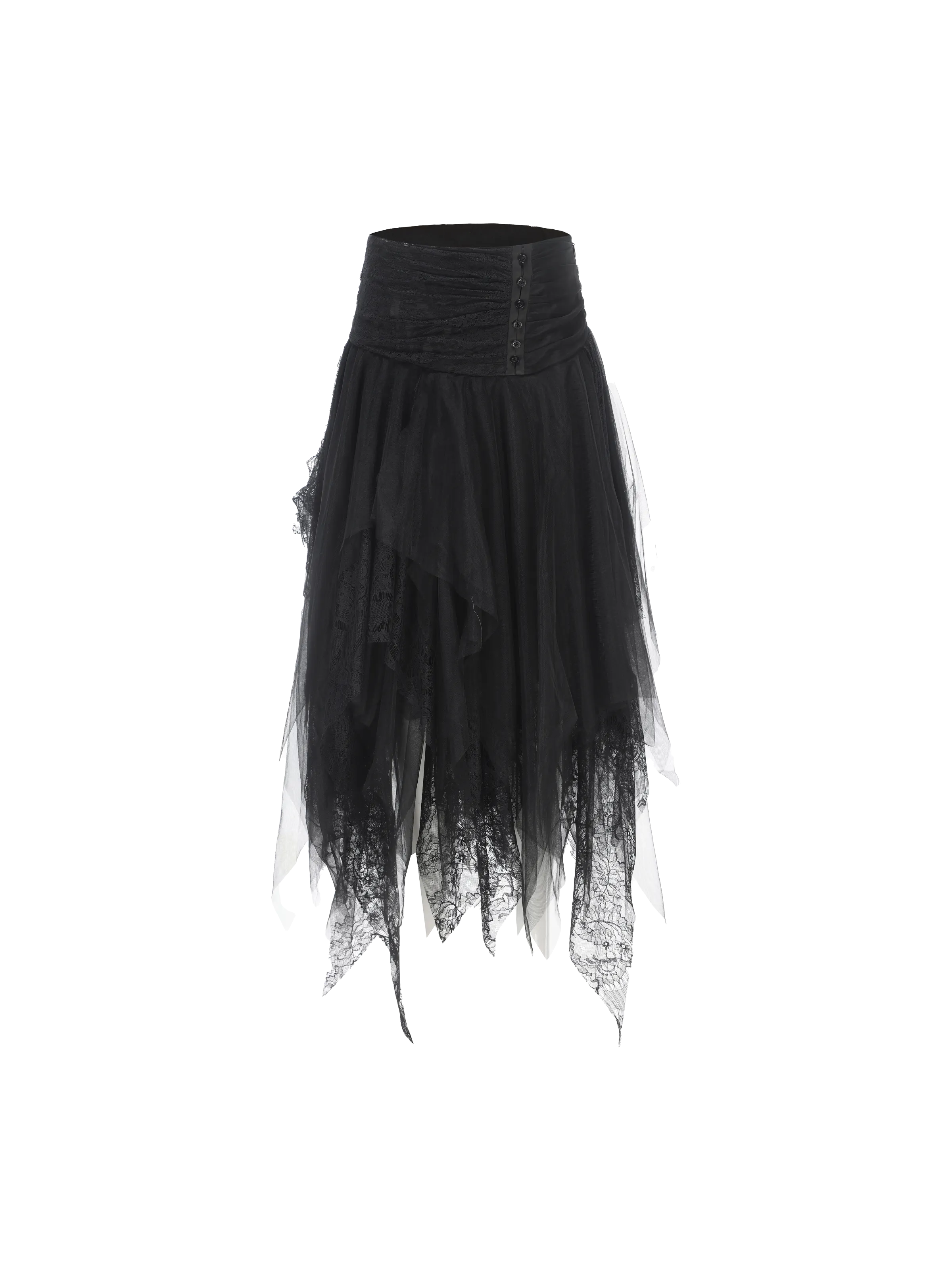 Black Lace Asymmetric Mesh Mid-Length Skirt