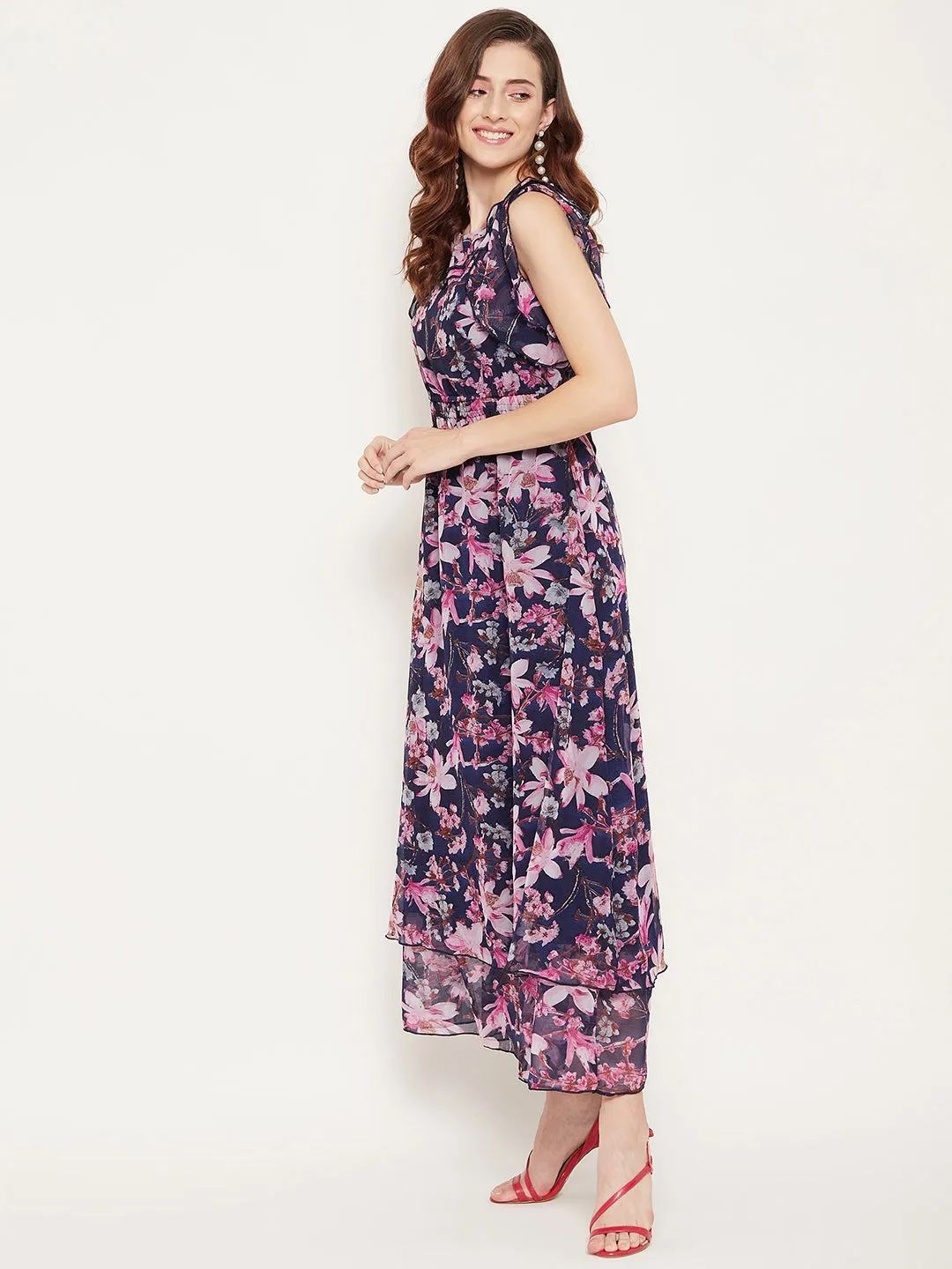 Blue Georgette Floral  Printed Double Layered Maxi Dress