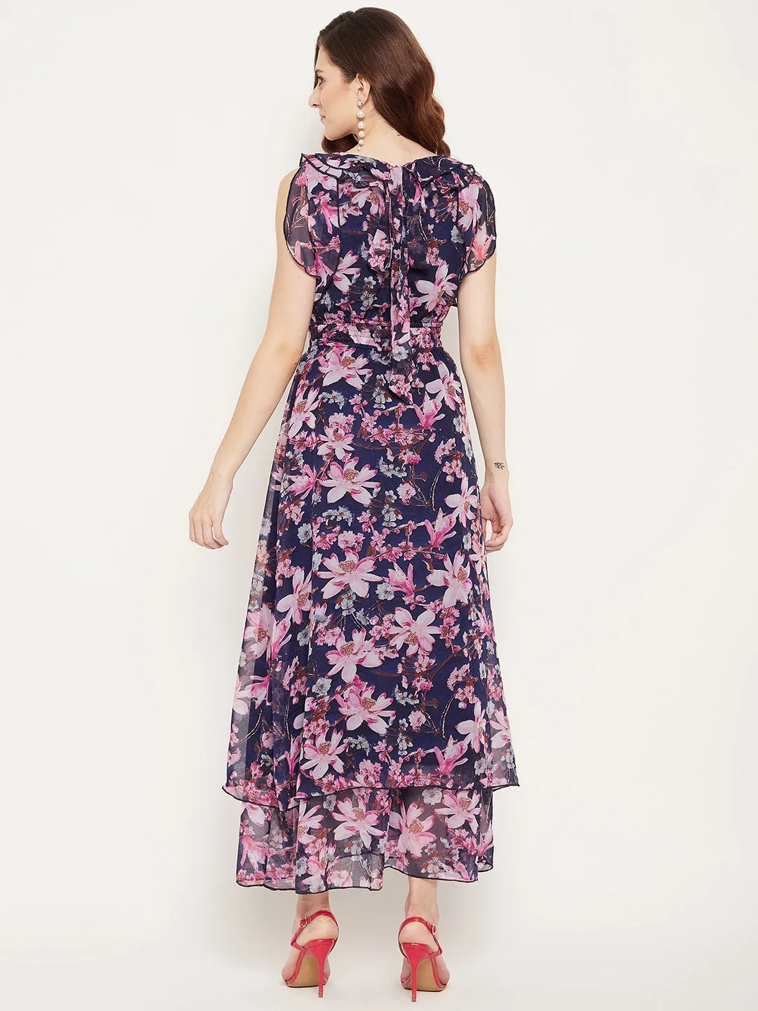 Blue Georgette Floral  Printed Double Layered Maxi Dress