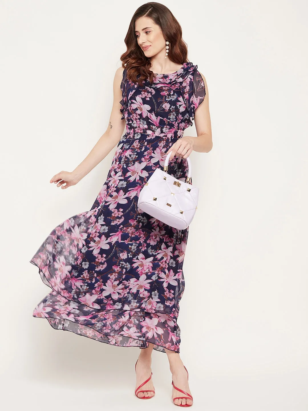 Blue Georgette Floral  Printed Double Layered Maxi Dress
