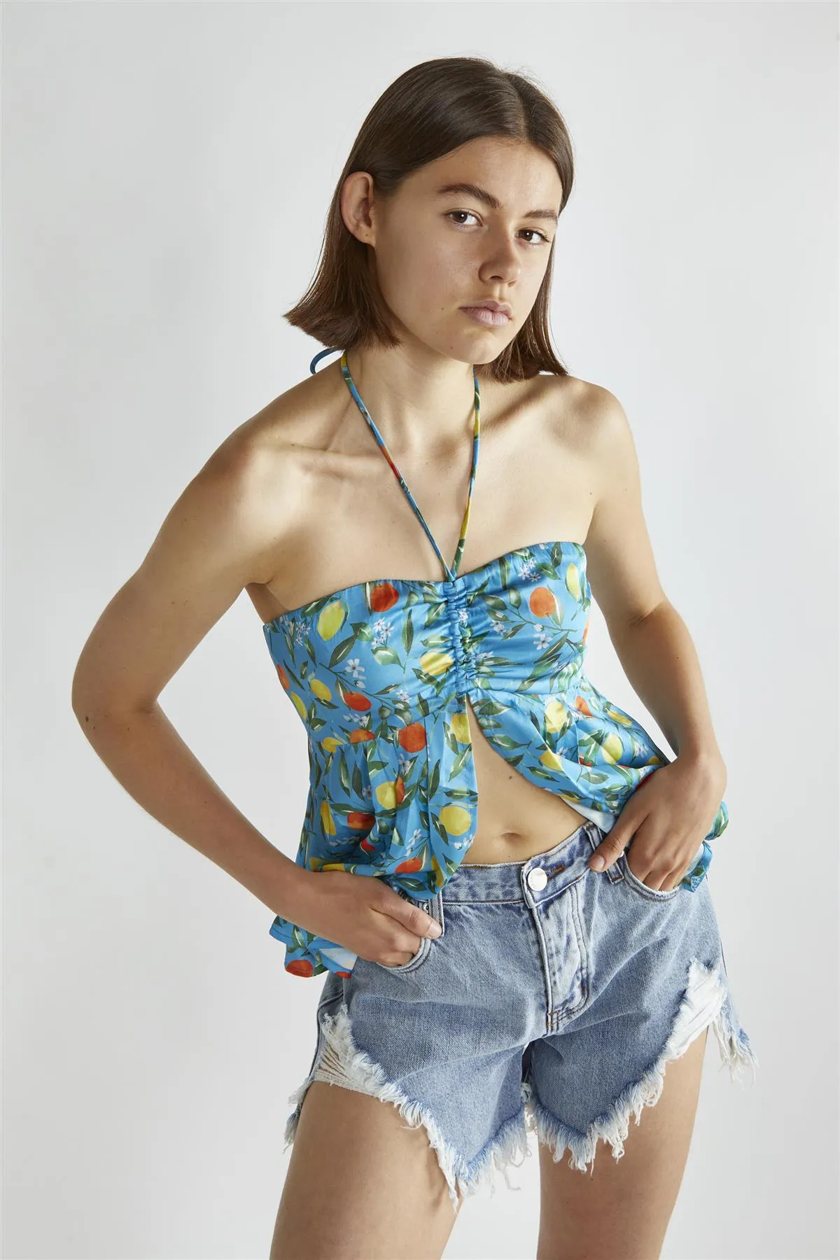 Blue Lemon-Print Halter-Neck Top