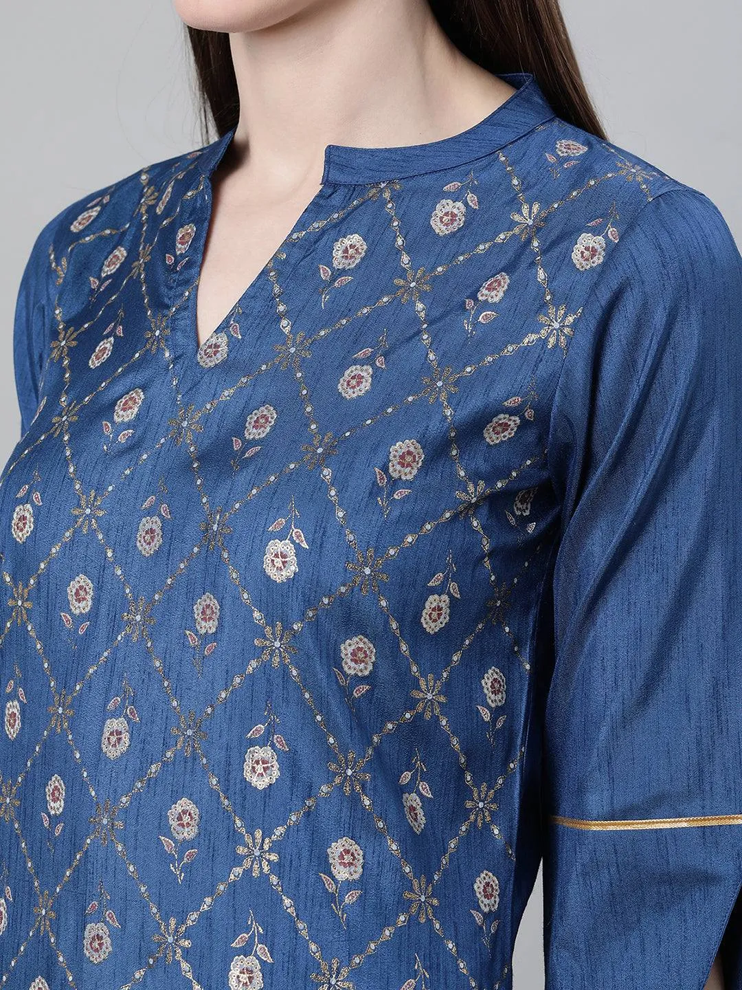 Blue Printed Suit Set With Dupatta