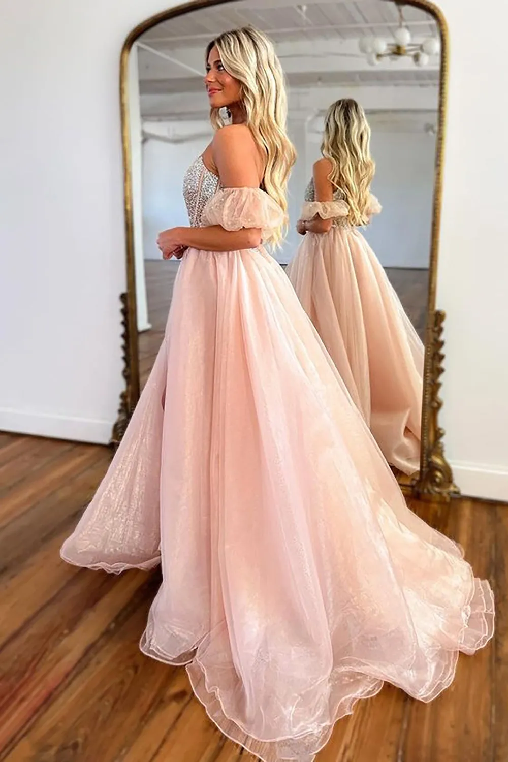 Brianna |A Line Strapless Blush Corset Organza Prom Dress