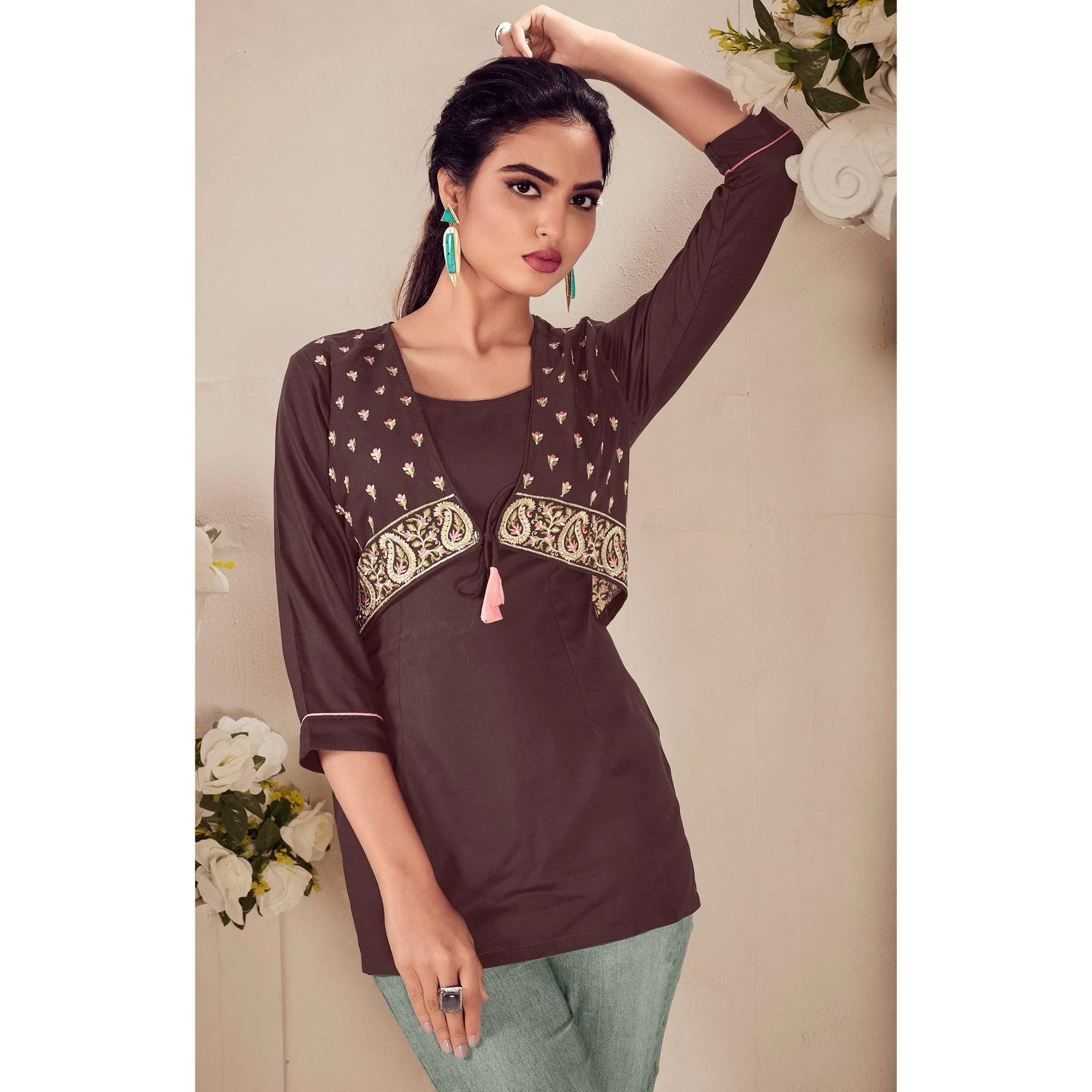 Brown Casual Wear Floral Embroidered Rayon Top