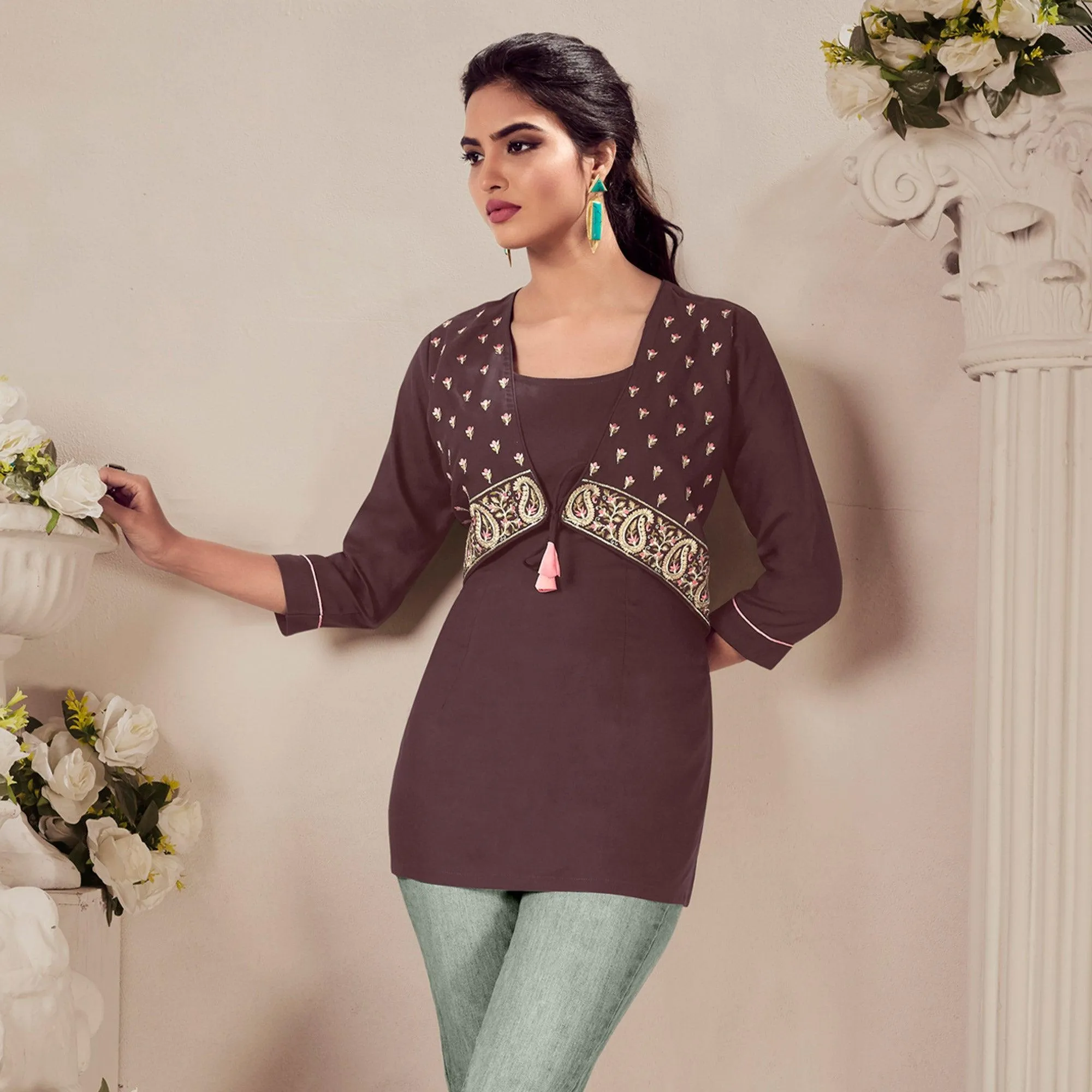 Brown Casual Wear Floral Embroidered Rayon Top