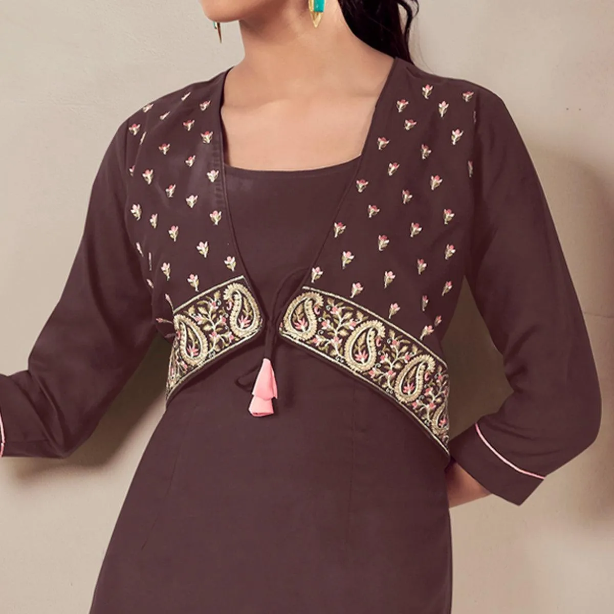 Brown Casual Wear Floral Embroidered Rayon Top
