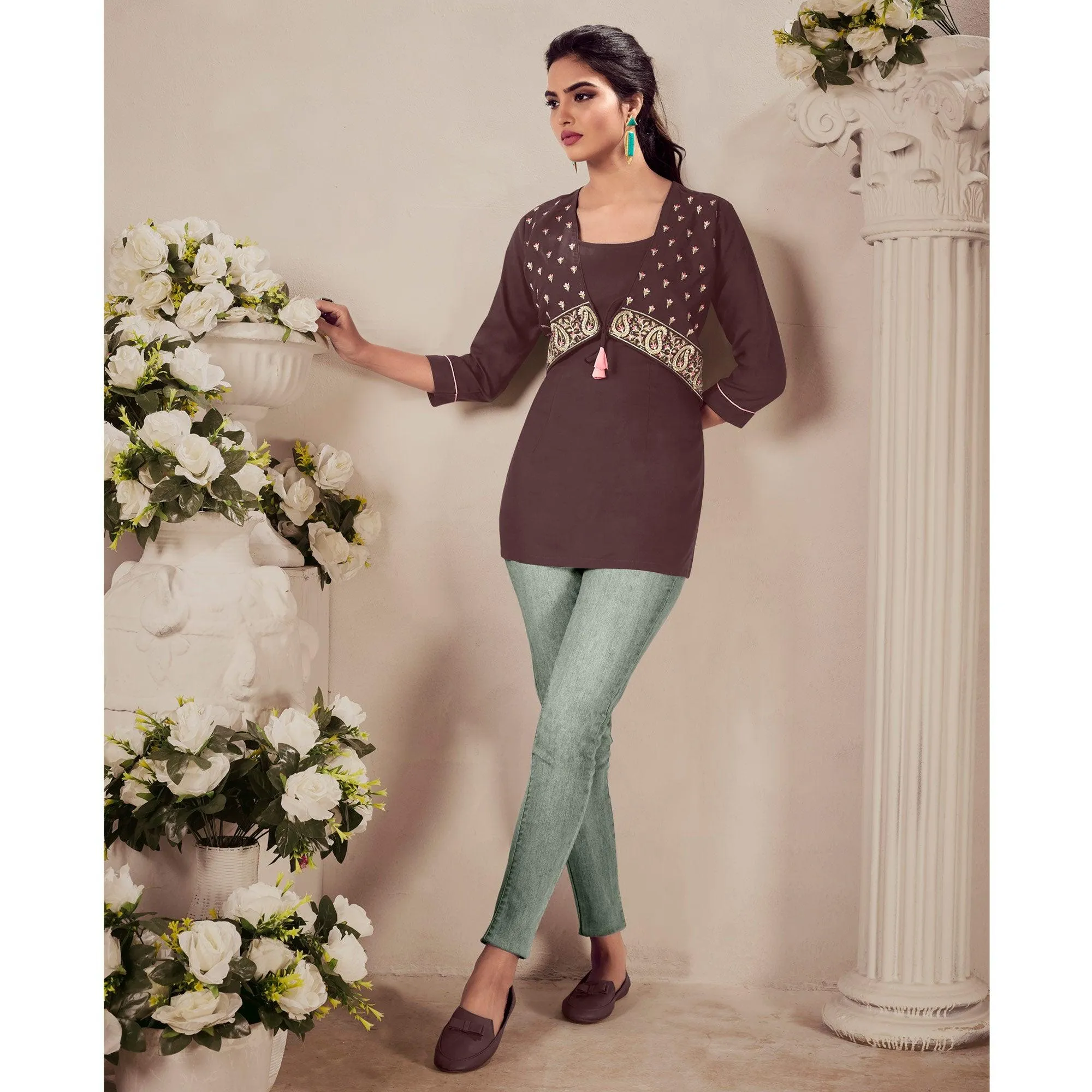 Brown Casual Wear Floral Embroidered Rayon Top
