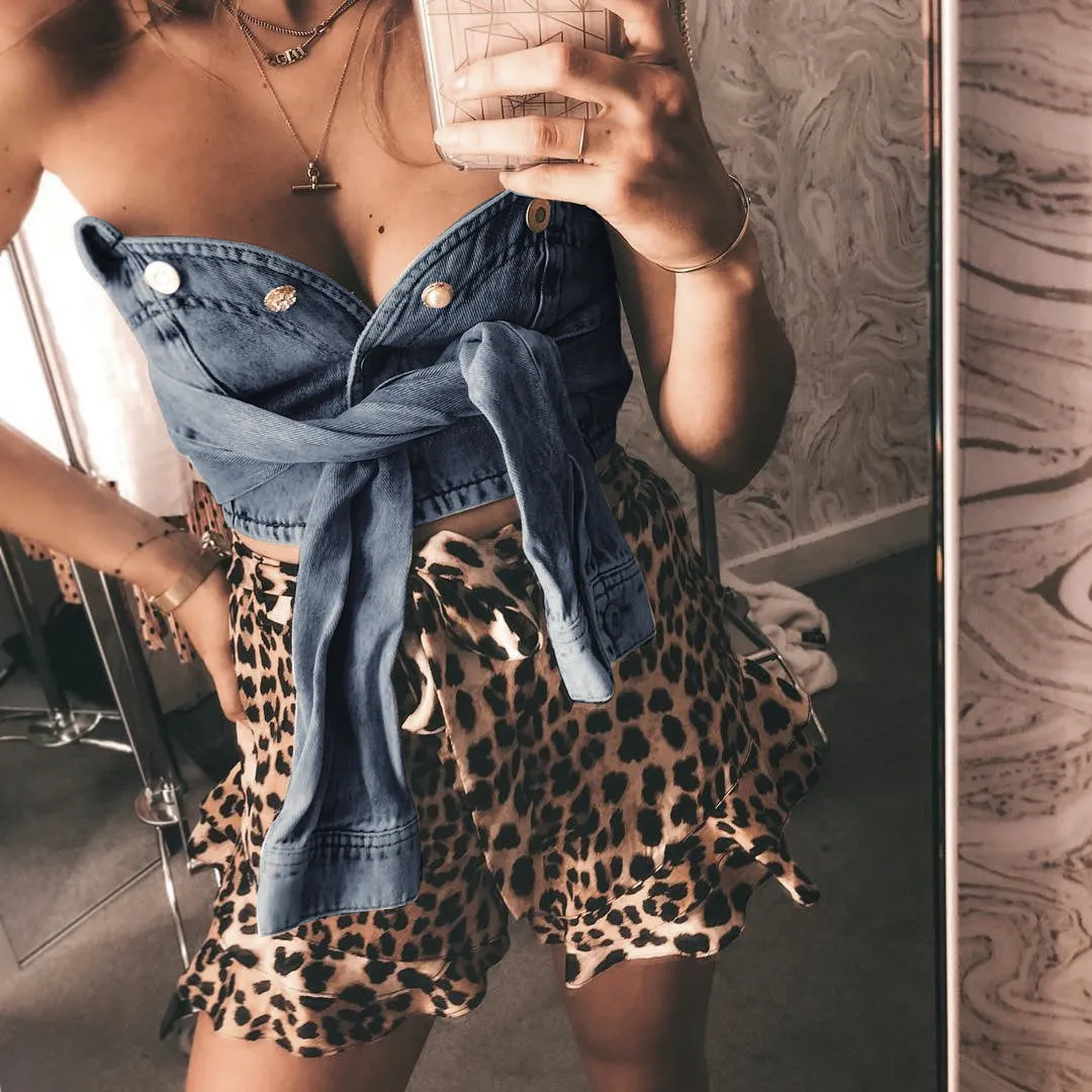 Buttons Strapless Pure Color Sleeveless Short Crop Top
