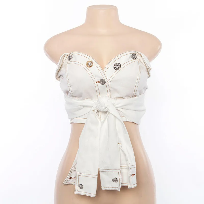 Buttons Strapless Pure Color Sleeveless Short Crop Top
