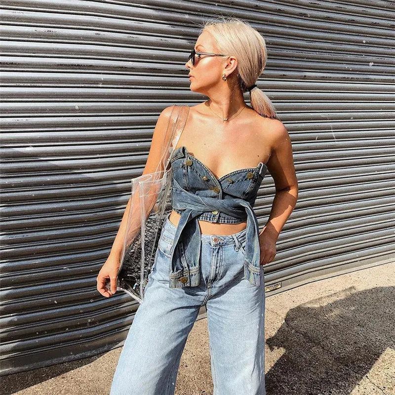Buttons Strapless Pure Color Sleeveless Short Crop Top