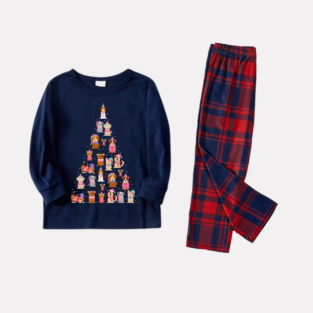 Cute Dog Prints Blue Long Sleeves Top with Red & Blue Plaid Pants Family Matching Pajamas