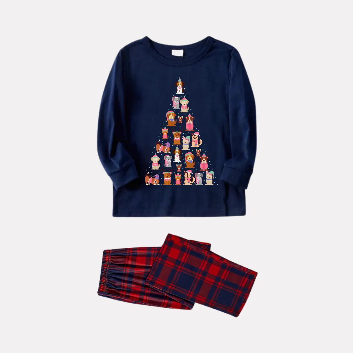Cute Dog Prints Blue Long Sleeves Top with Red & Blue Plaid Pants Family Matching Pajamas