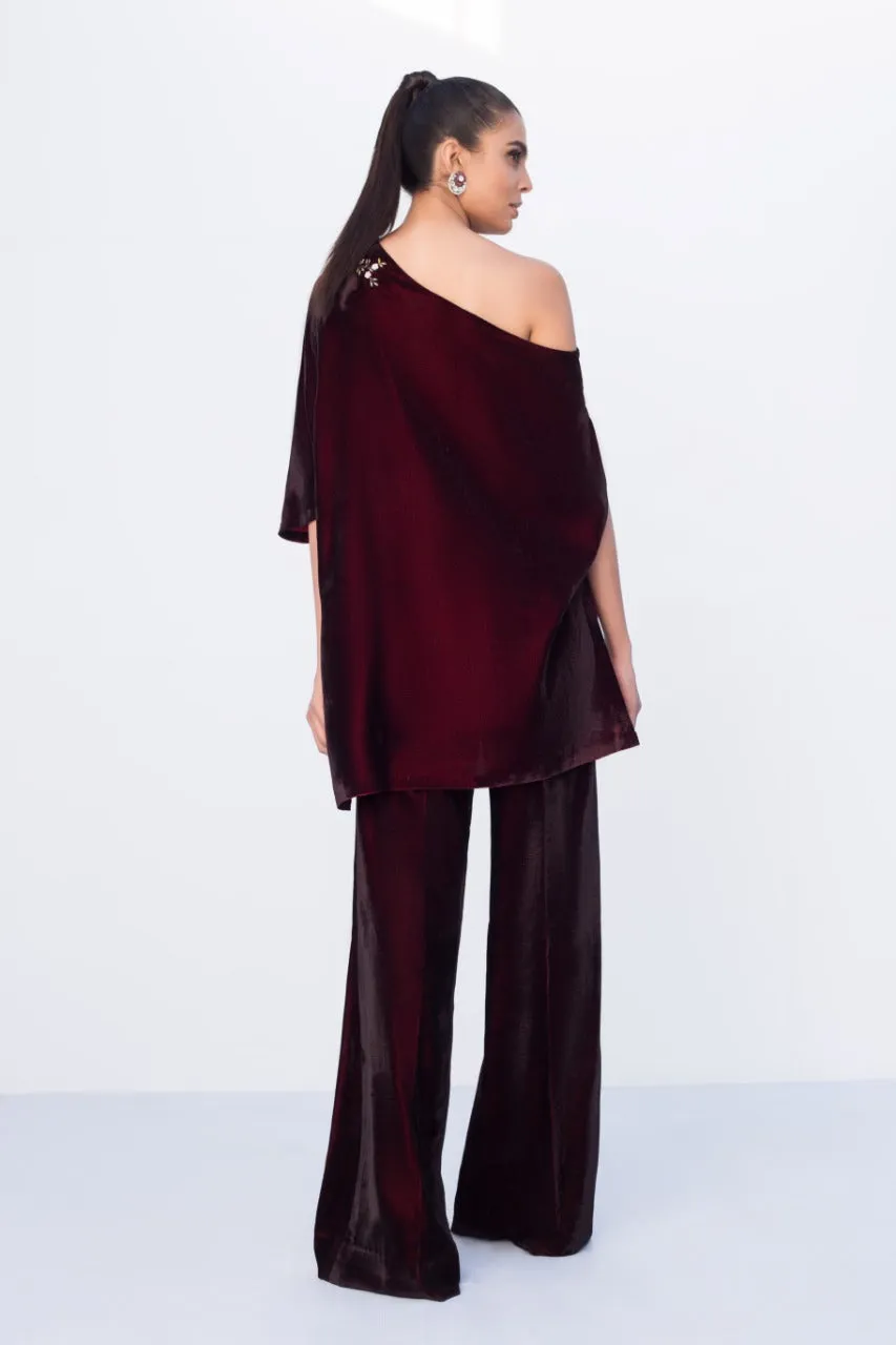 Deep Mahogany Velvet Off Shoulder Top With Bootcut Trouser
