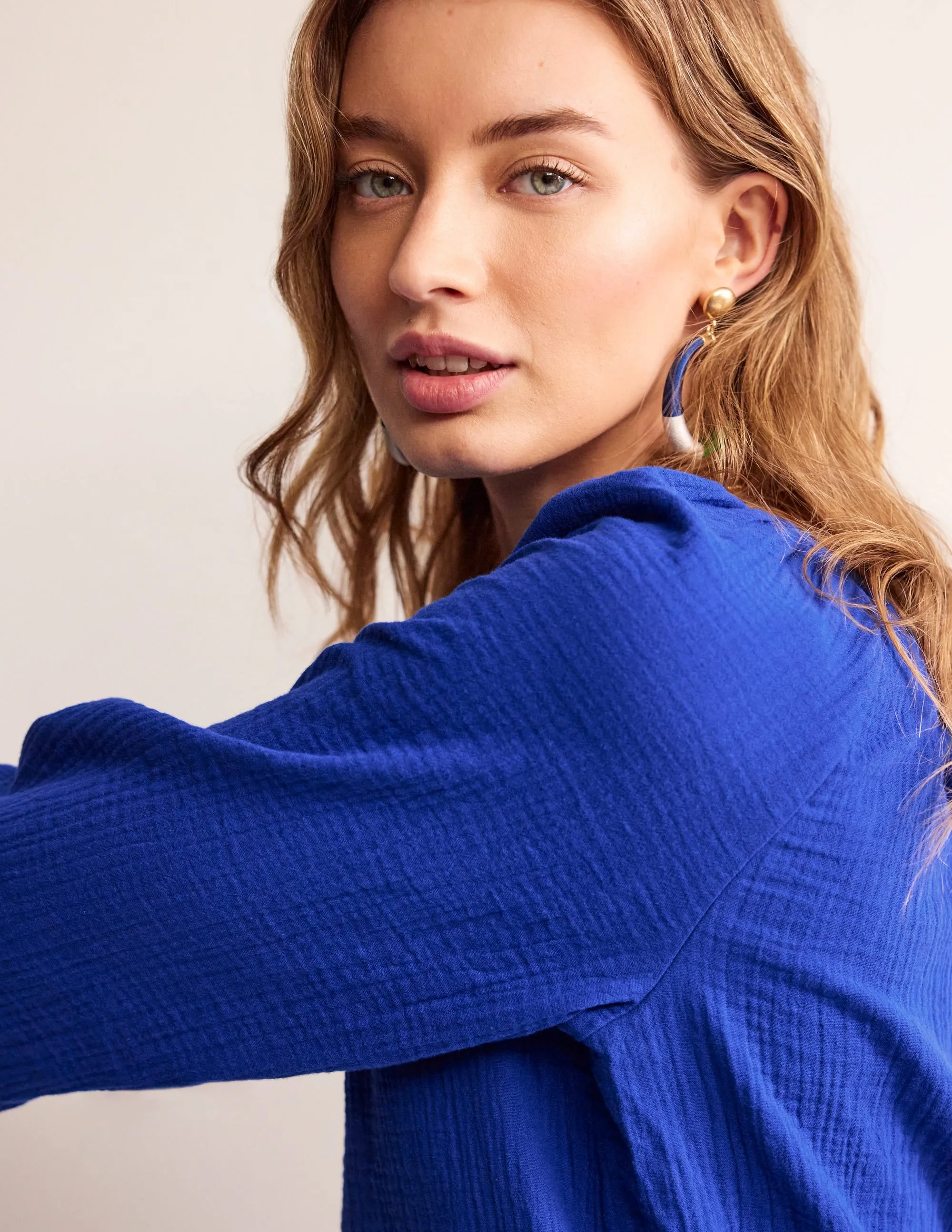 Doublecloth Blouson Sleeve Top-Surf the Web