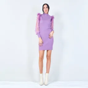Feather accent lace sleeve dress wholesale