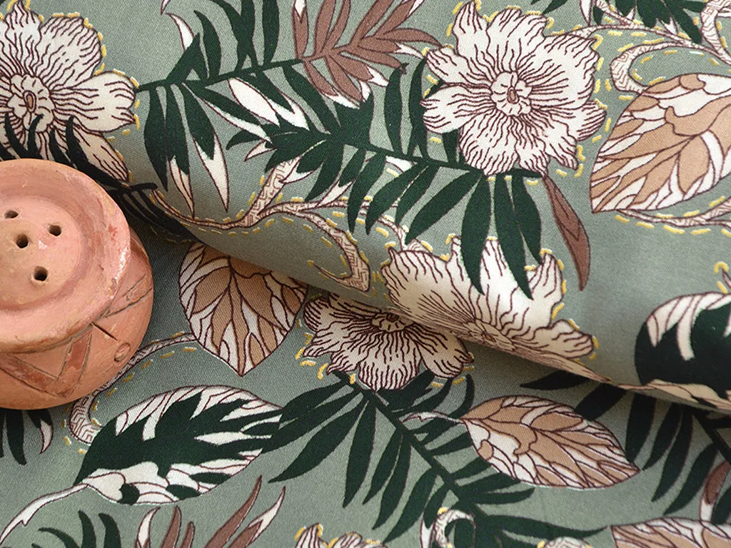 Fern Green Floral Digital Print Cotton Rayon Fabric