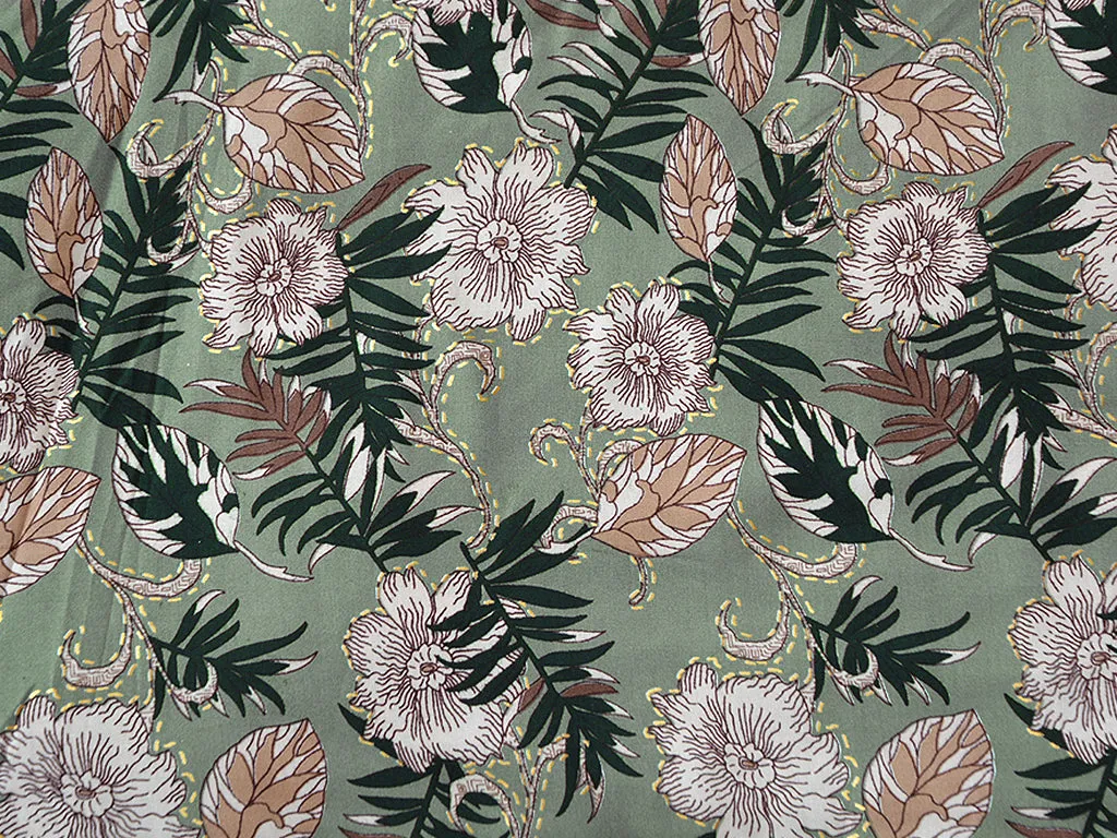 Fern Green Floral Digital Print Cotton Rayon Fabric
